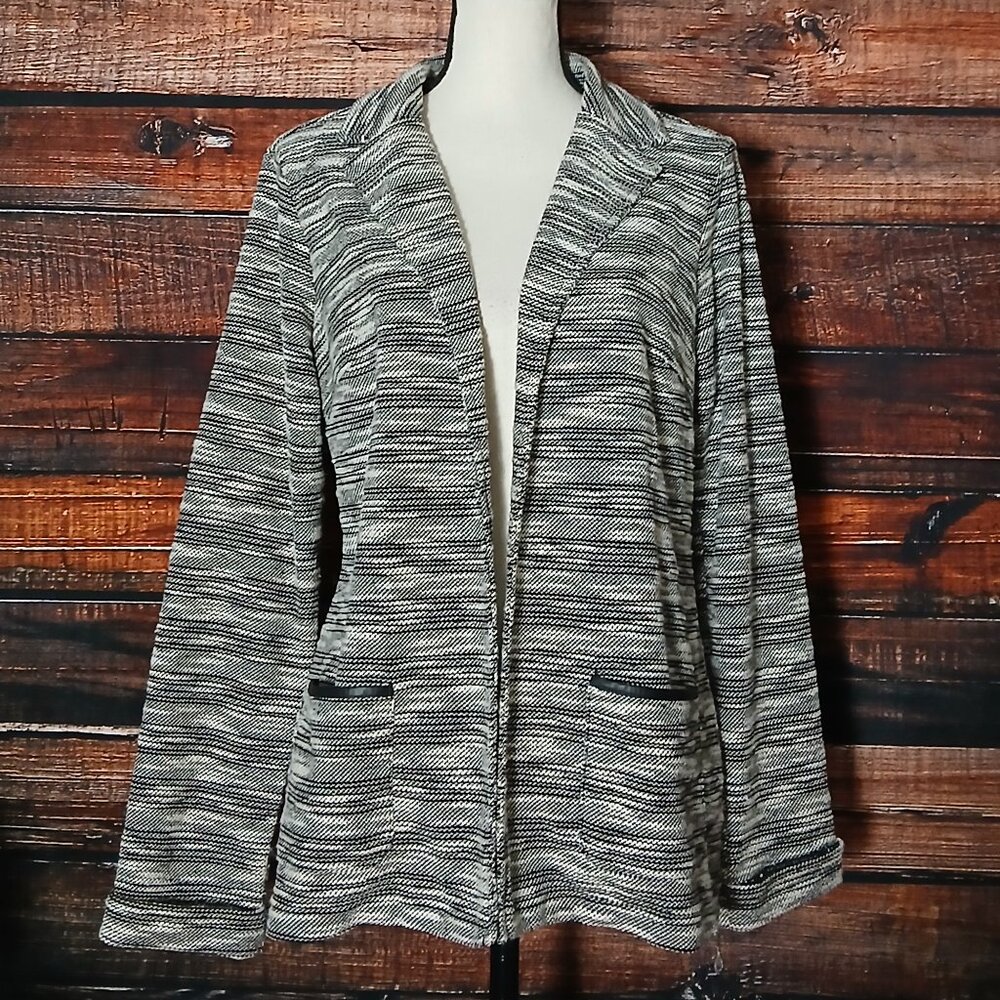 Christopher & Banks Knit Jacket Blazer M White Black Marled Open Front Pockets